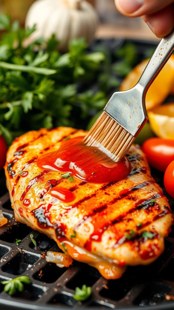 Grilled chicken being brushed with hot sauce marinade.