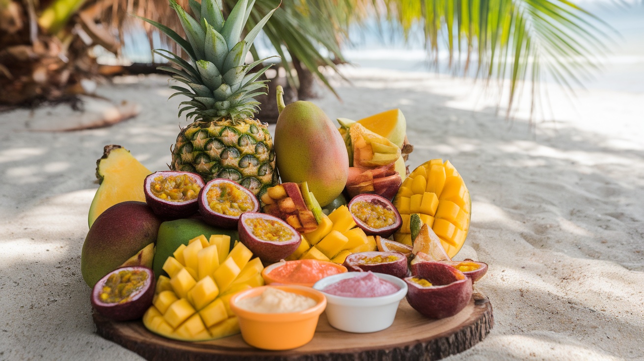 A vibrant display of tropical fruits including mangoes, pineapples, and passionfruits on a sandy beach.