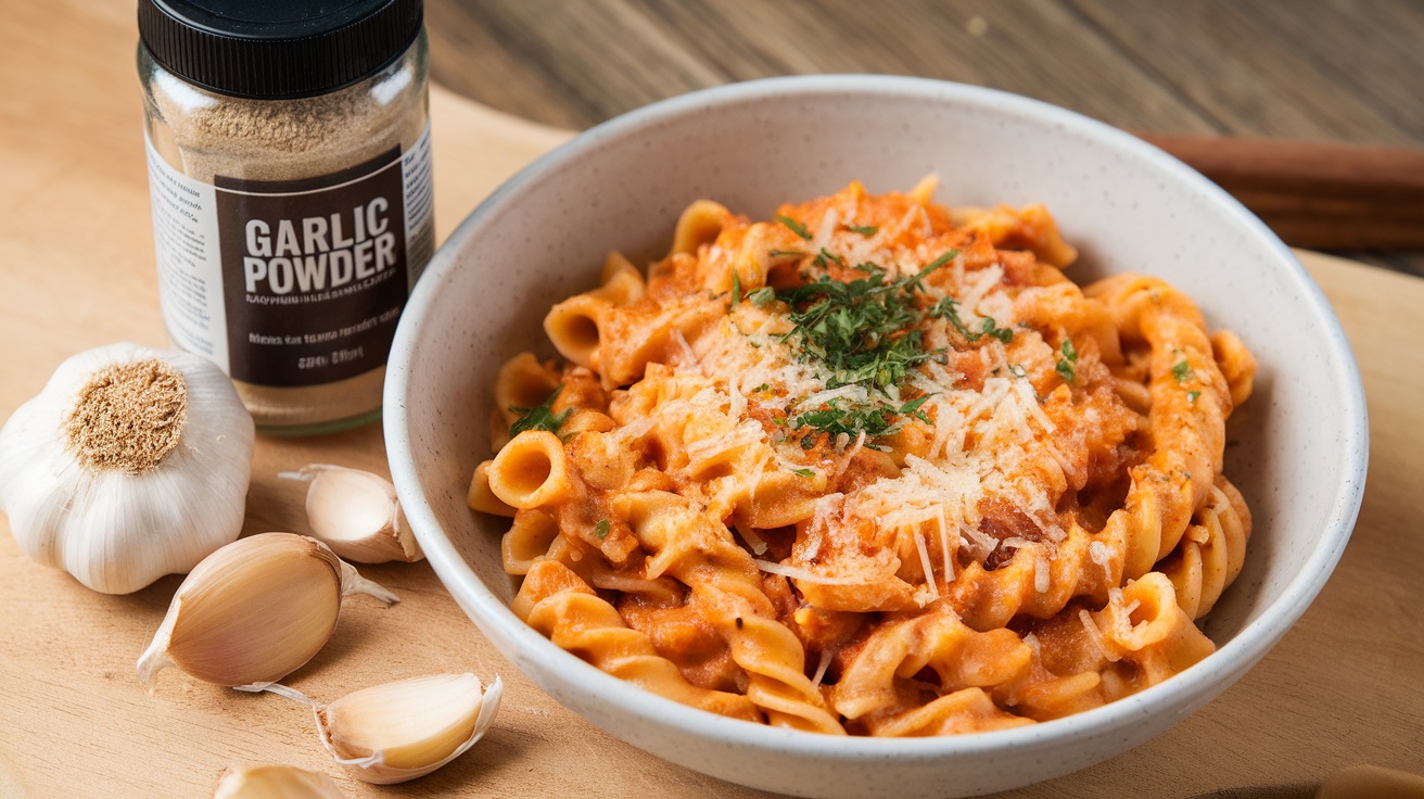 A bowl of pasta topped with garlic powder and parsley, with fresh garlic cloves on the side.