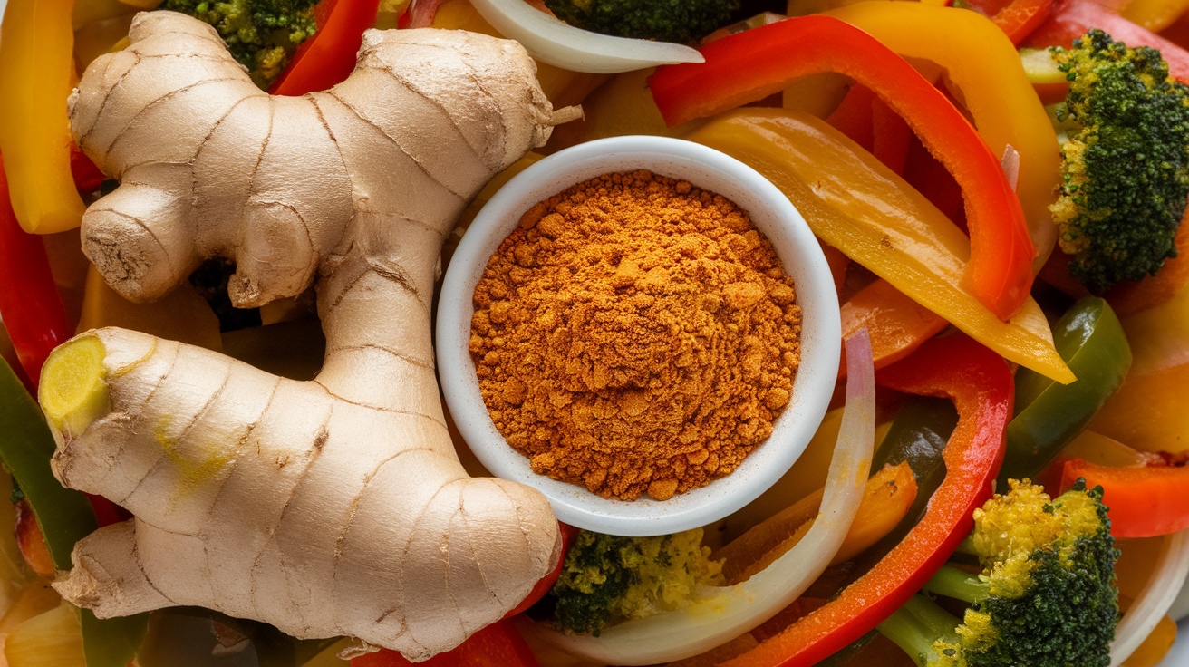 Fresh ginger and ground ginger on a colorful vegetable mix.
