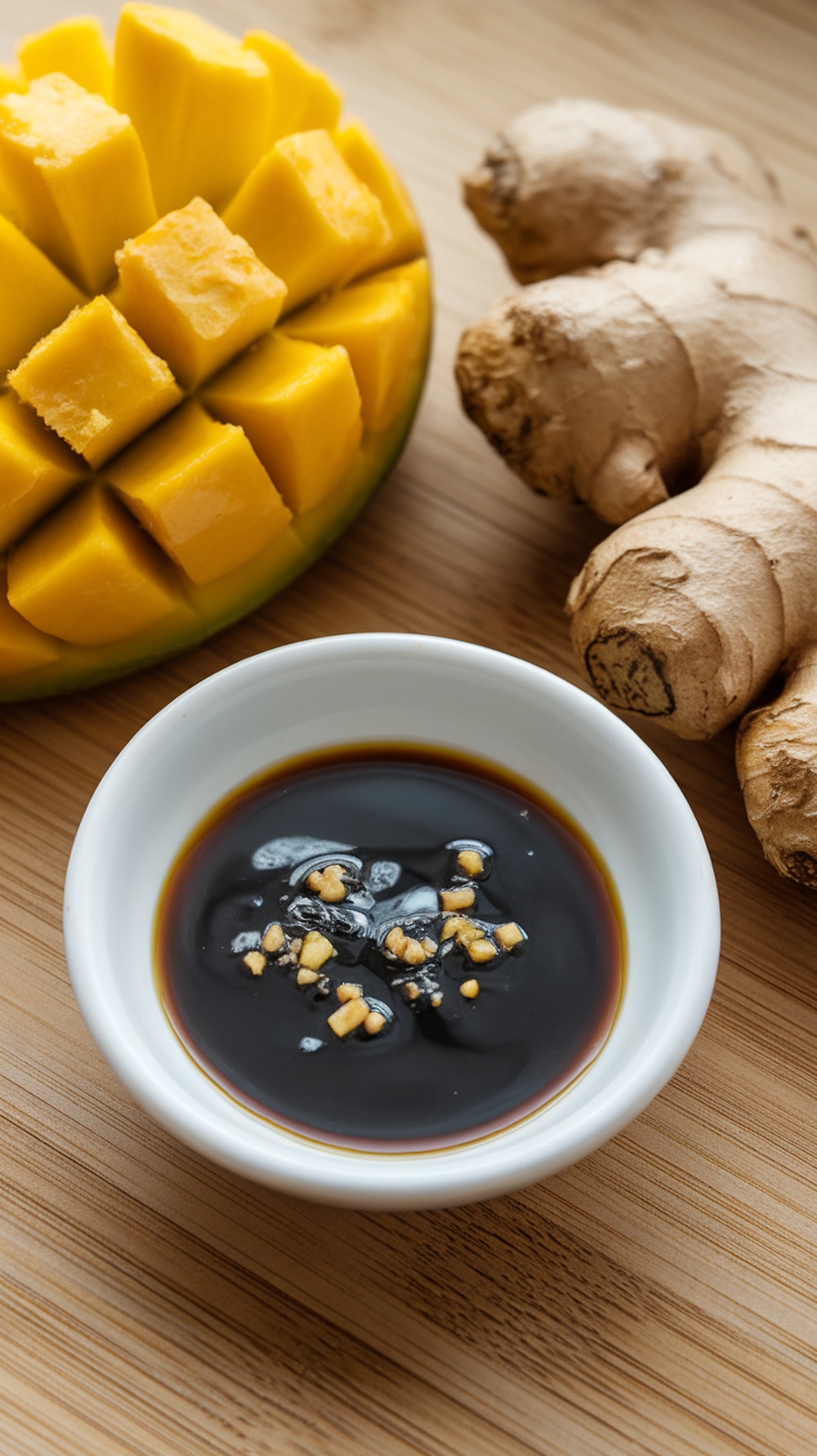 A bowl of ginger soy dressing with chopped ginger and sliced mango on a wooden surface.