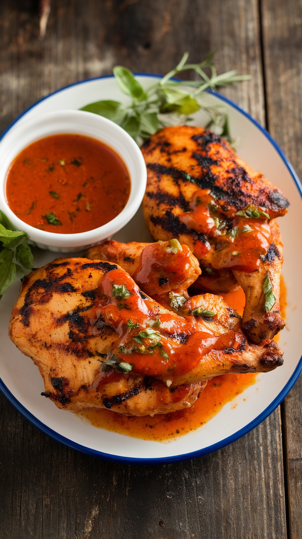 Grilled chicken with sauce on a plate, garnished with herbs.