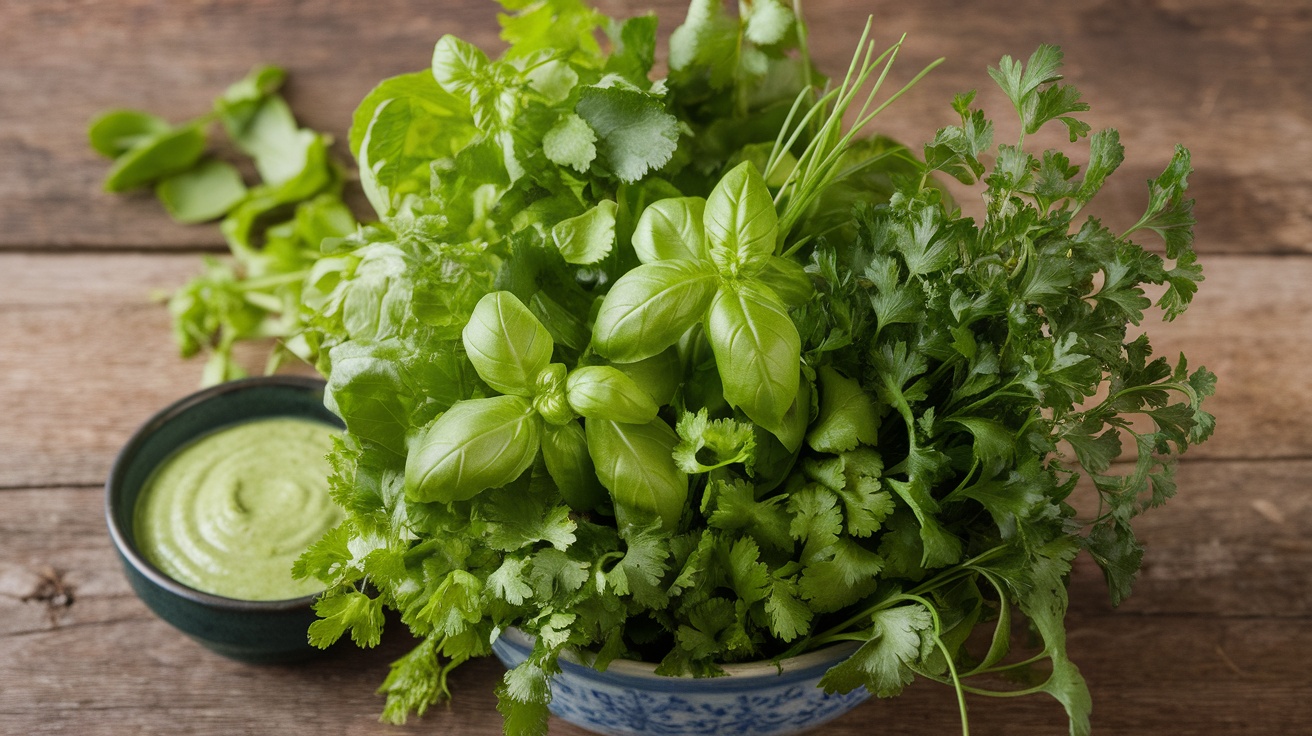 A bowl of fresh herbs with a green sauce on a wooden table