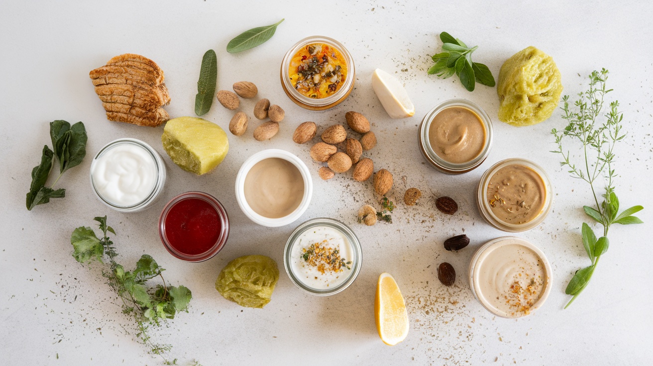 A variety of sauces and garnishes arranged on a table.