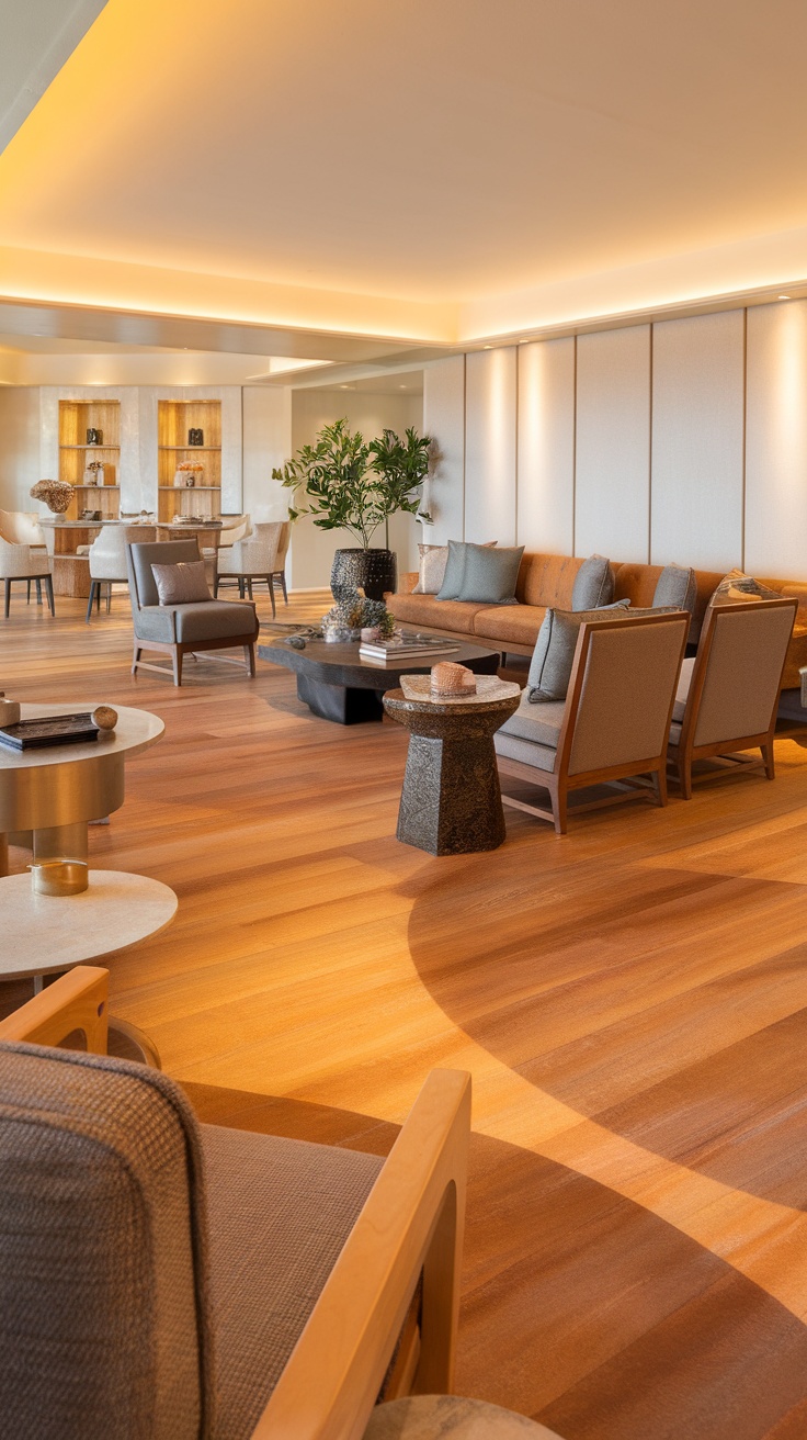 Interior room with honey and caramel-toned wooden flooring, cozy seating, and stylish decor.