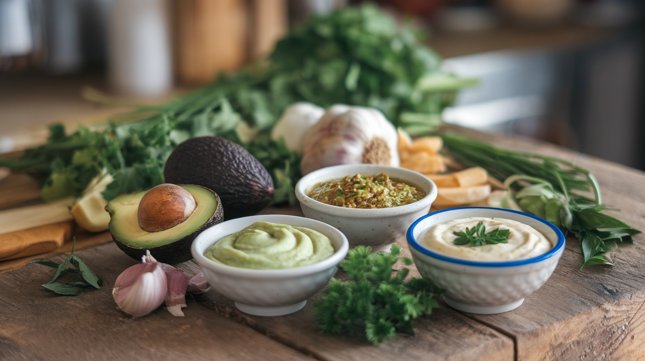 A selection of sauces and fresh ingredients on a wooden table, perfect for keto and low-carb diets.