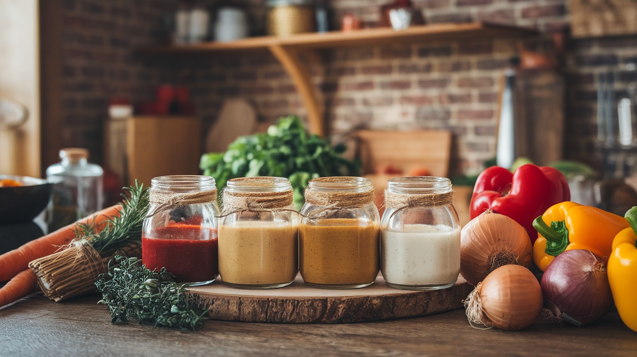 Various low-sugar sauces in jars, surrounded by fresh vegetables.