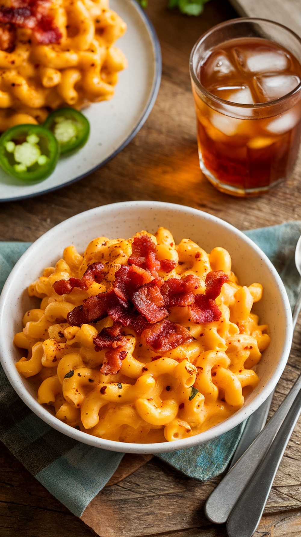 A bowl of creamy macaroni and cheese topped with bacon bits, served with jalapeno slices and a glass of iced tea.