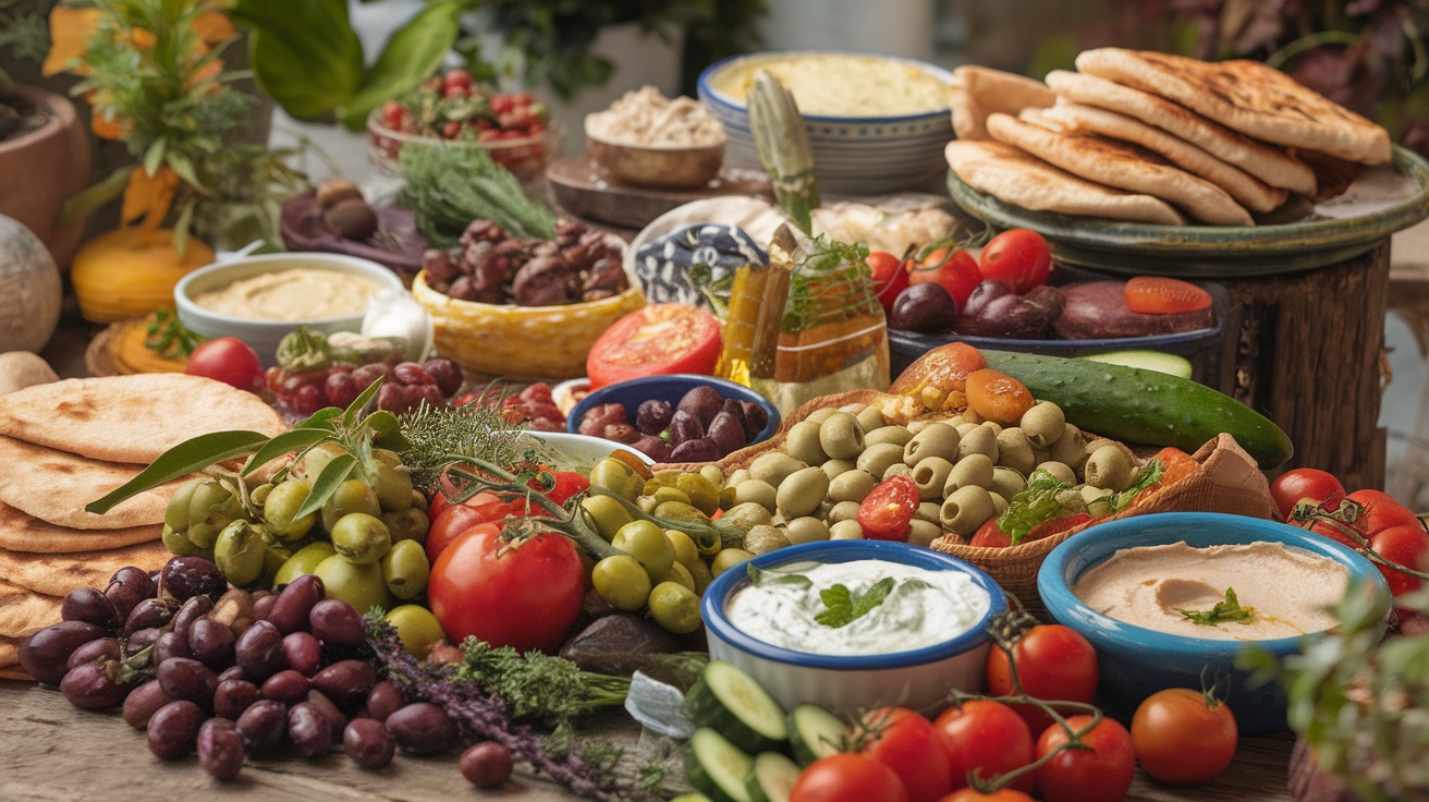 A colorful arrangement of Mediterranean foods including olives, tomatoes, pita bread, and various sauces like hummus and tzatziki.