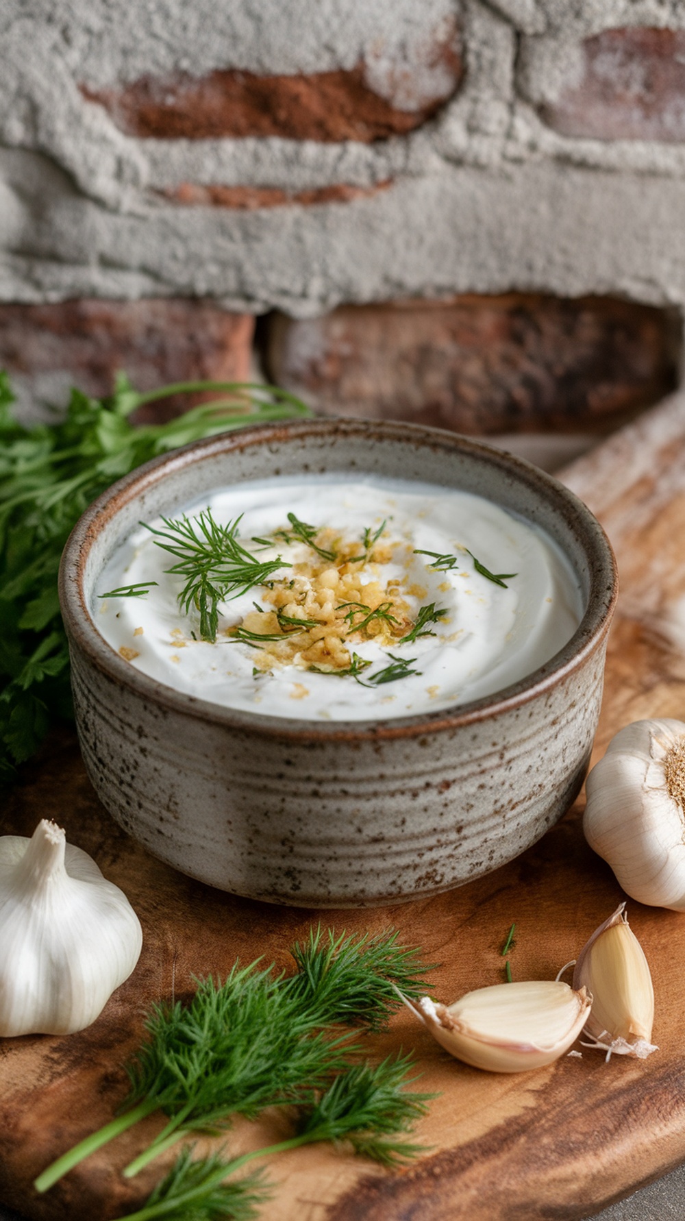 Bowl of Mediterranean garlic yogurt marinade with garlic and dill
