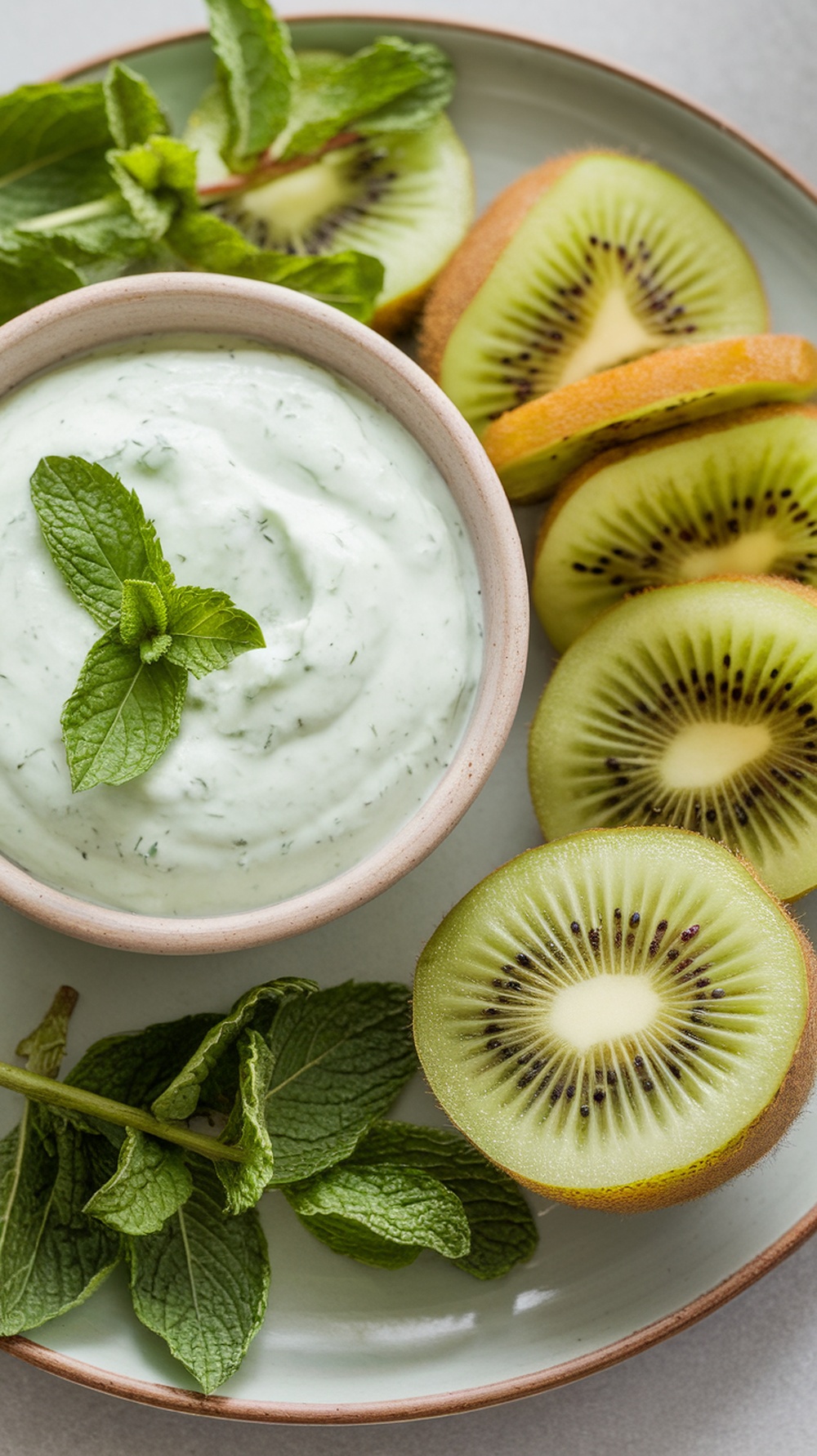 A bowl of mint yogurt sauce with slices of kiwi and fresh mint leaves on a plate.