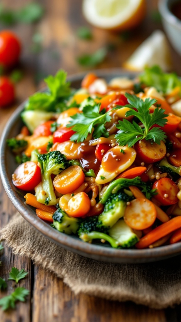 A bowl of miso ginger sauce surrounded by colorful steamed vegetables.