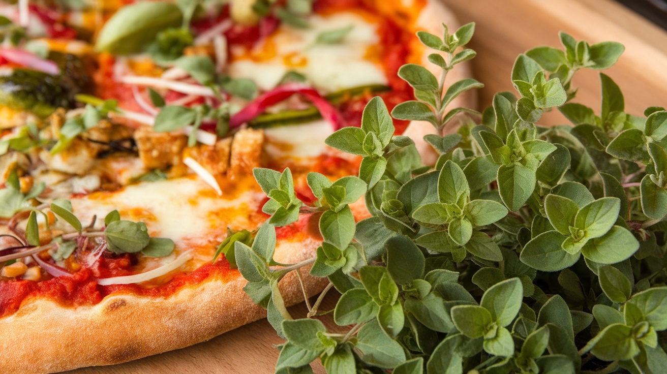 A fresh bunch of oregano next to a delicious looking pizza topped with various ingredients.