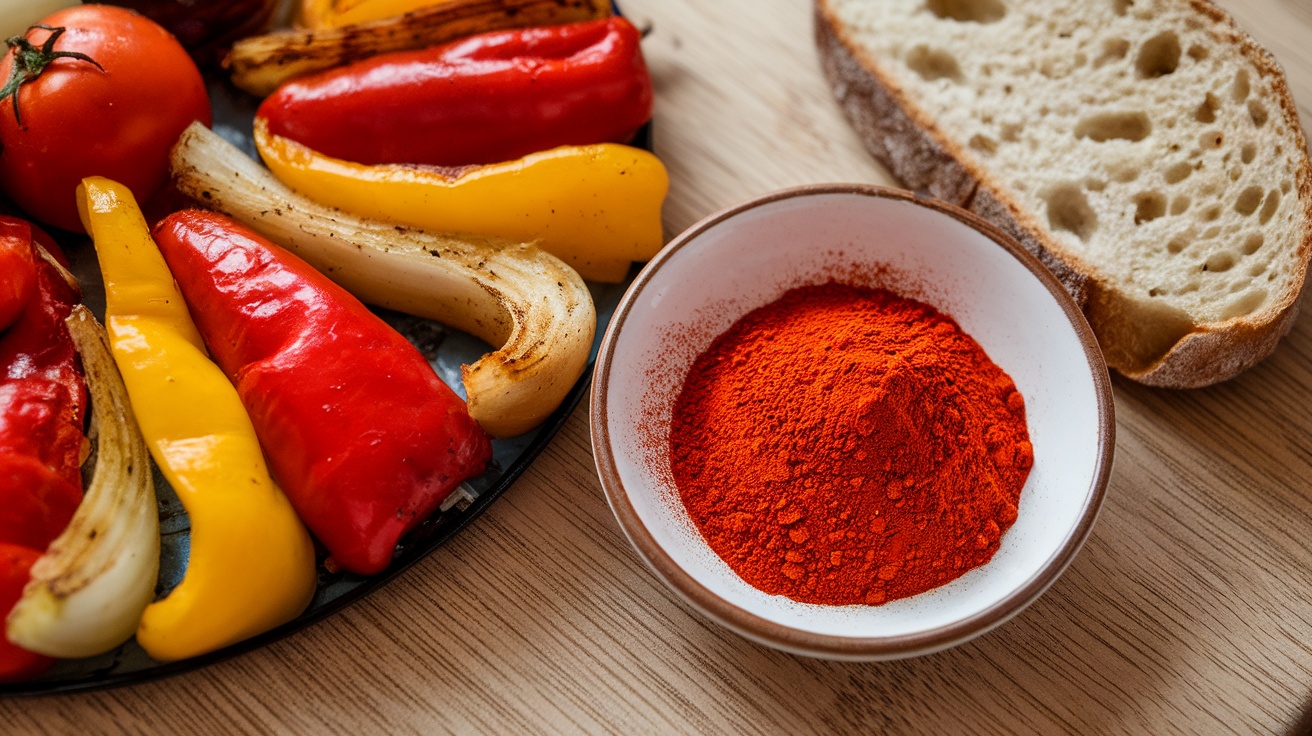 Bowl of paprika spice next to assorted colorful peppers and bread.