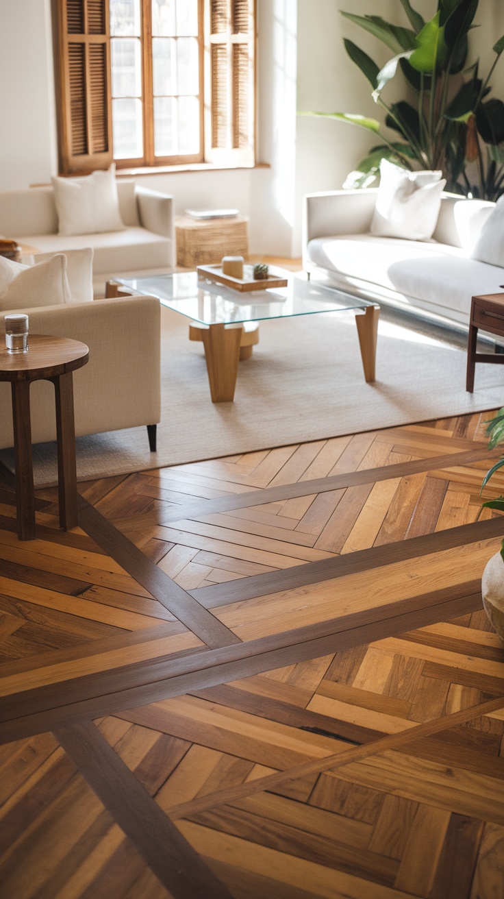A living room featuring a beautifully patterned wooden floor with herringbone and mixed-width designs.