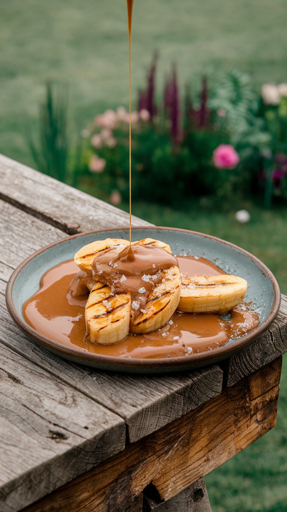 Grilled bananas topped with peanut butter and coconut cream on a wooden table