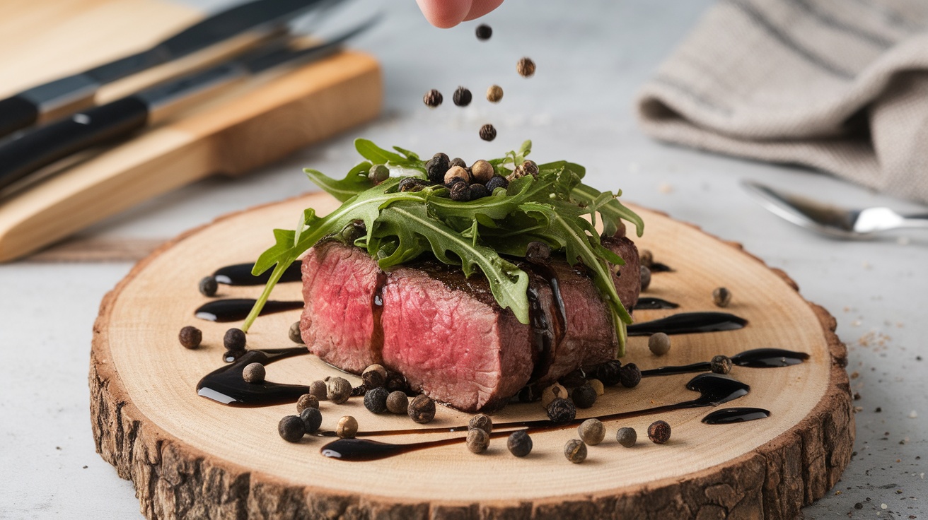 A perfectly cooked steak topped with pepper and arugula on a wooden serving board.