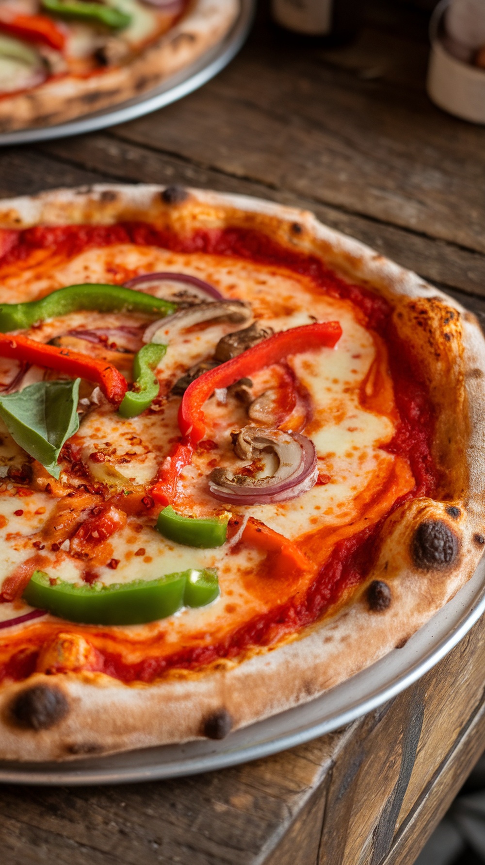 Close-up of a pizza topped with red and green peppers, onions, and cheese, featuring a smoky swirl.