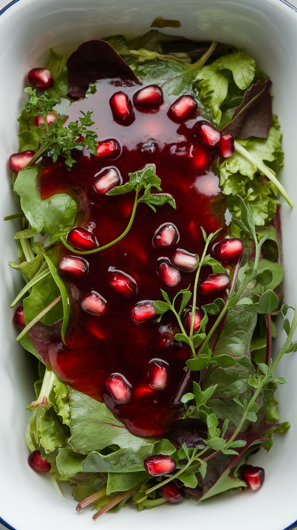A vibrant salad topped with pomegranate molasses dressing and herbs.