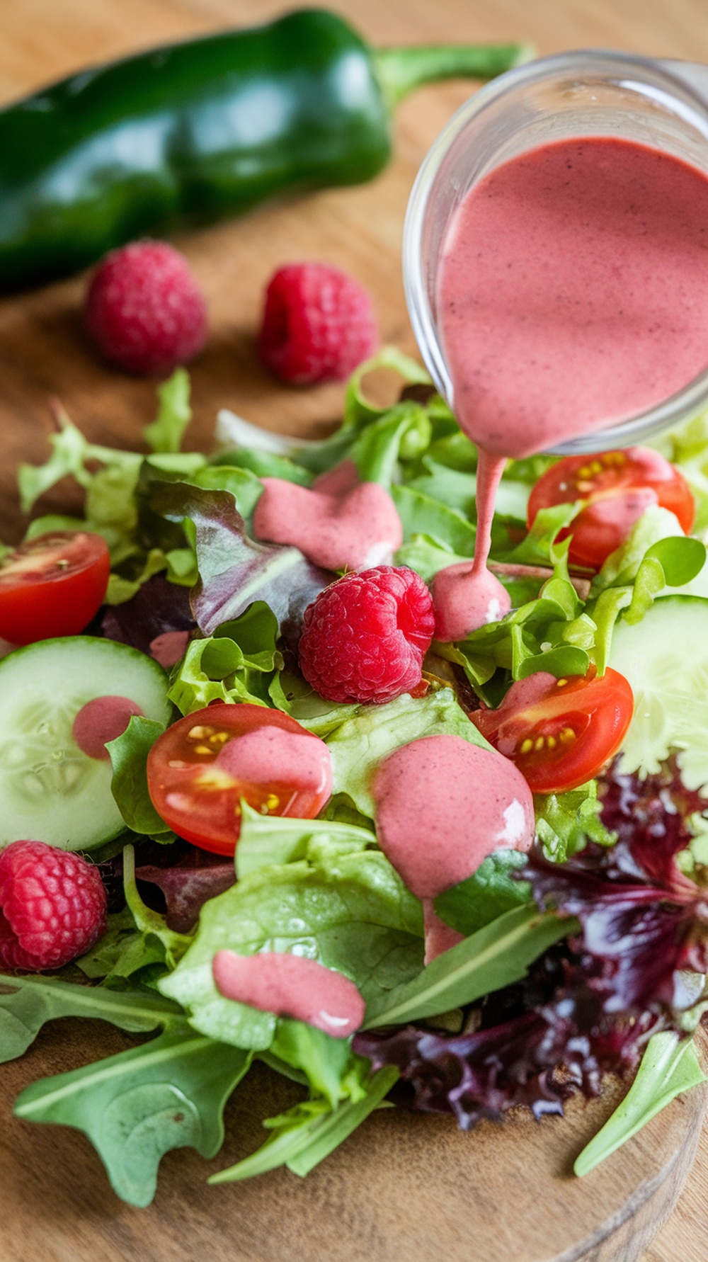 A close-up of a salad topped with raspberry chipotle dressing, fresh raspberries, tomatoes, and greens.