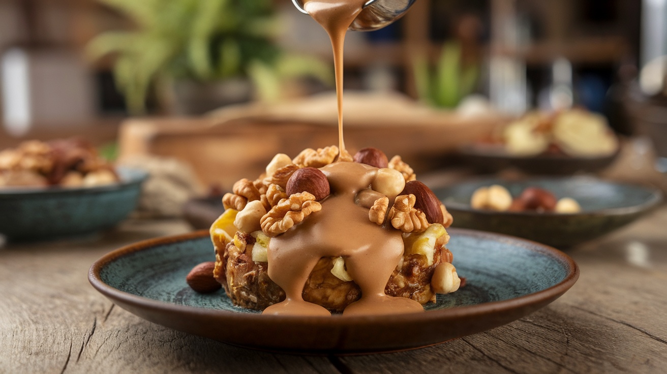 A dessert topped with a rich nutty sauce and various nuts on a blue plate.