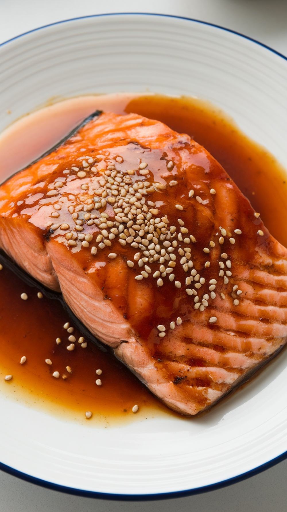 A piece of salmon topped with teriyaki sauce and sesame seeds on a plate.