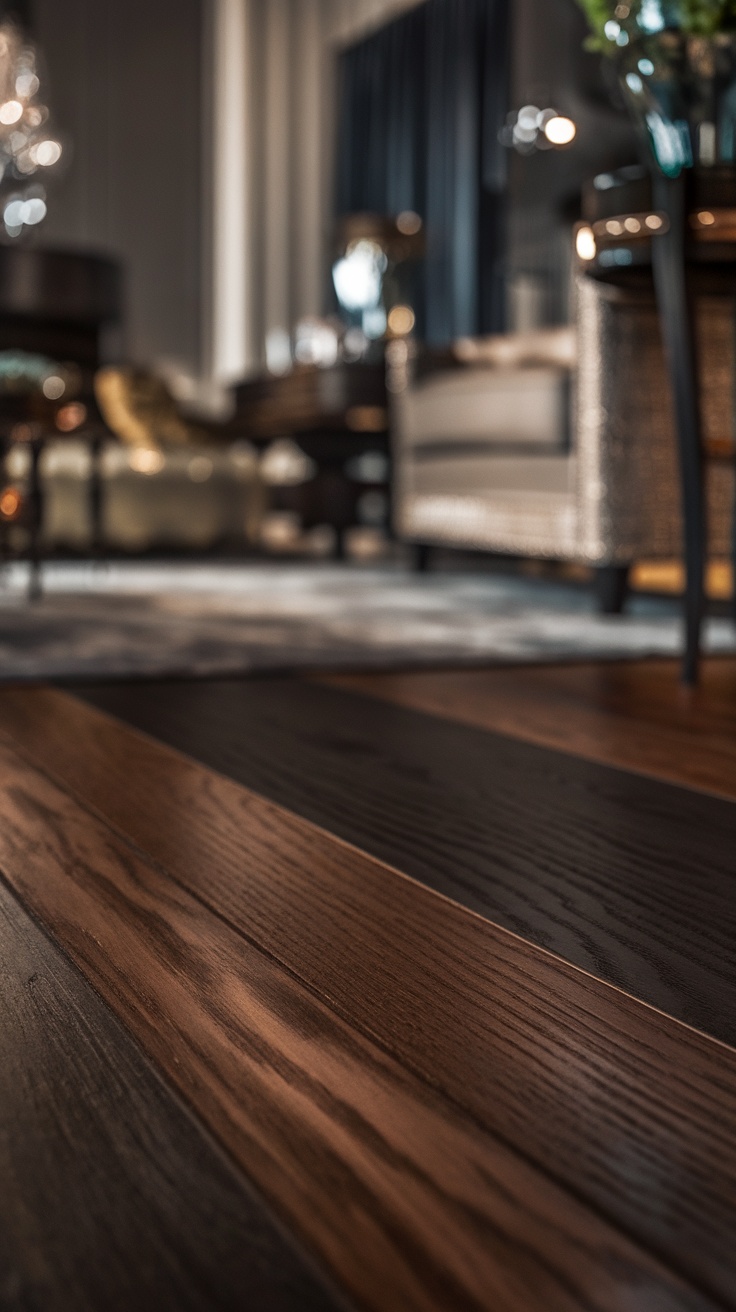 Flooring featuring rich walnut and espresso finishes in a cozy interior setting.