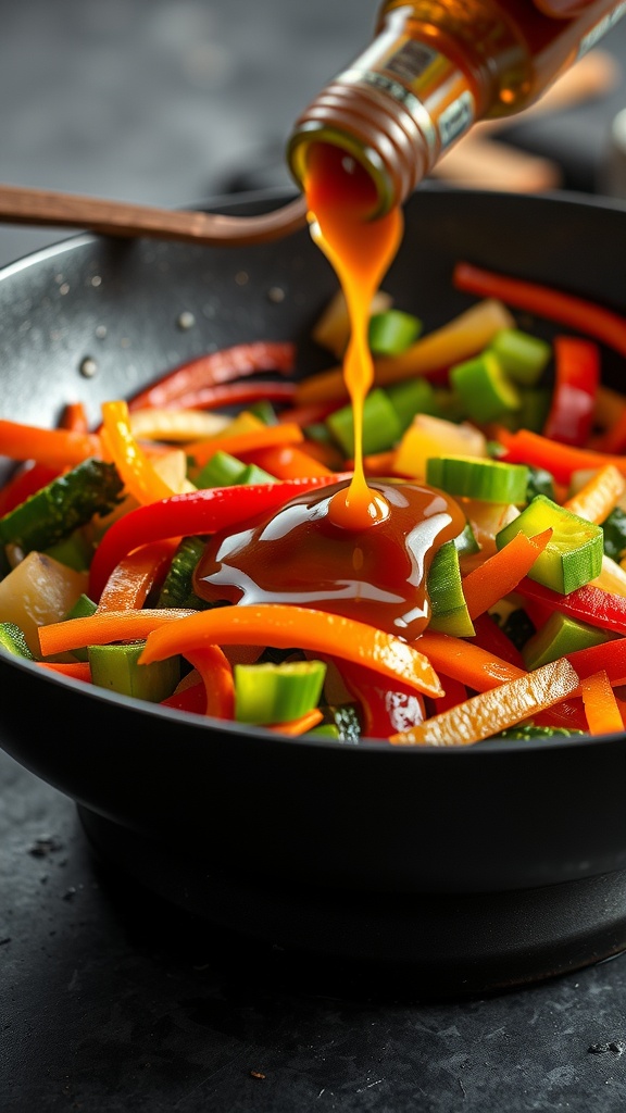 Hot sauce being poured into a vegetable stir-fry with colorful peppers and greens