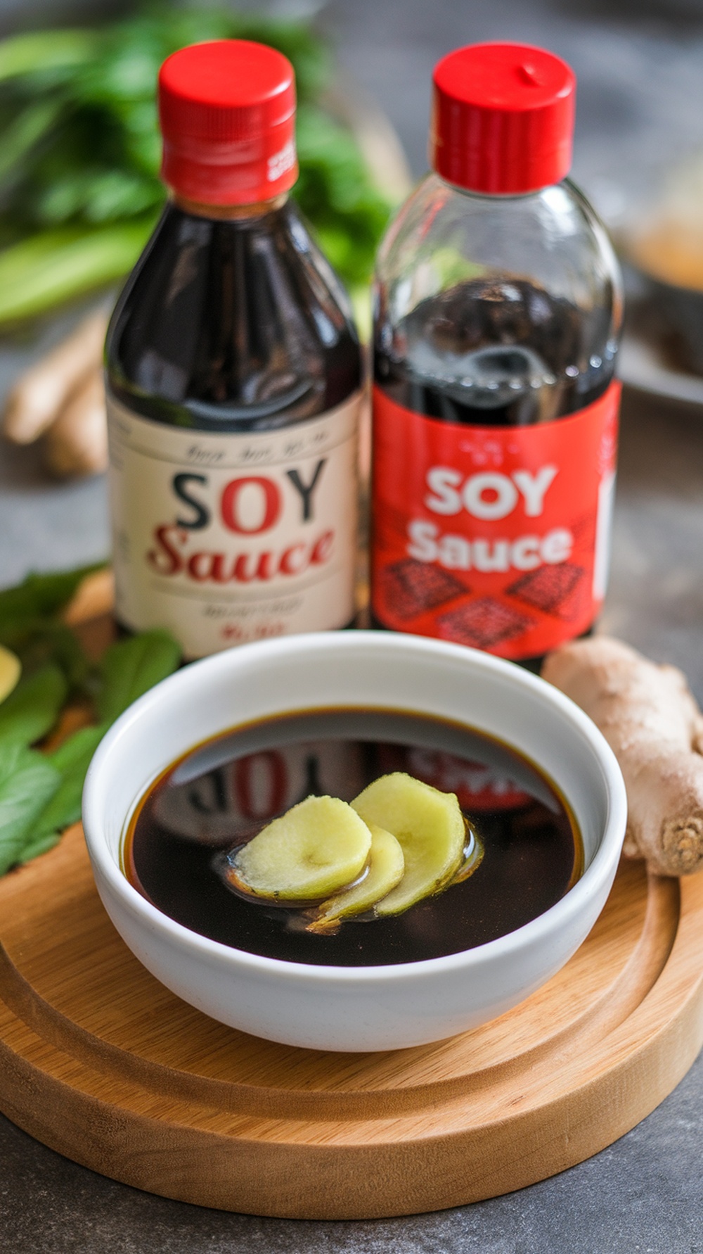 Soy sauce and ginger marinade in a bowl with ginger slices, with soy sauce bottles in the background.
