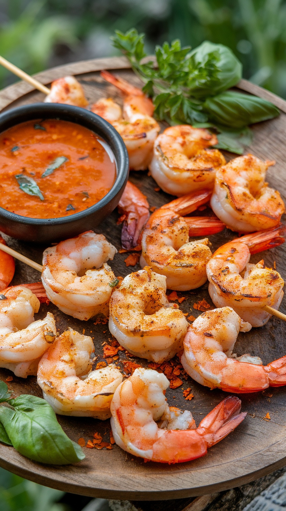 Grilled shrimp skewers served with a spicy dipping sauce on a wooden platter.