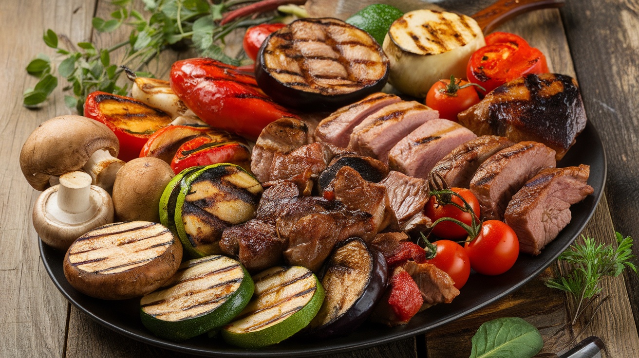 A variety of grilled meats and vegetables on a platter, showcasing smoky and charred flavors.