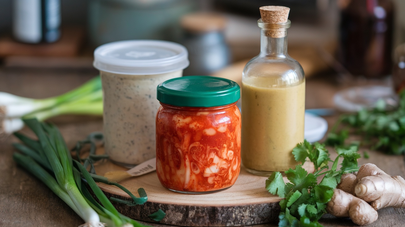 A collection of sauces including a jar of kimchi, a creamy sauce, and a mustard-like sauce, surrounded by fresh ingredients.