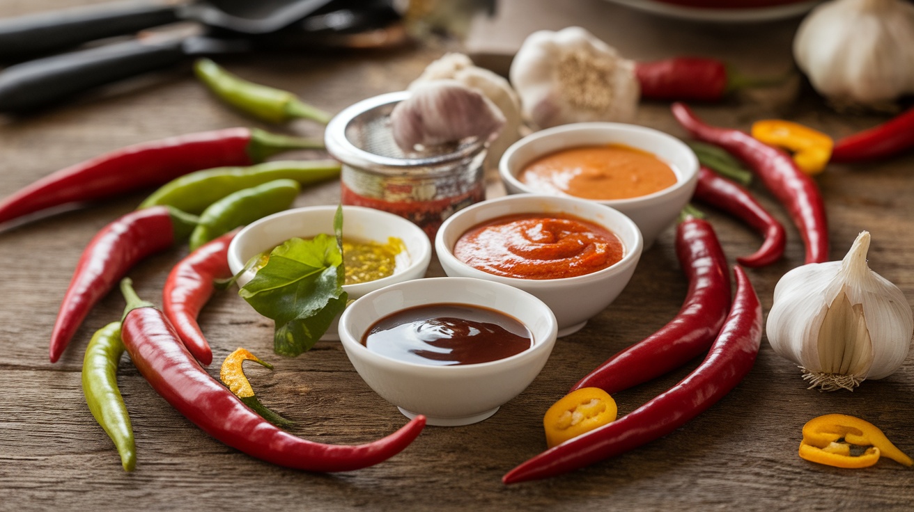 A variety of spicy sauces and fresh chilies arranged on a wooden table.