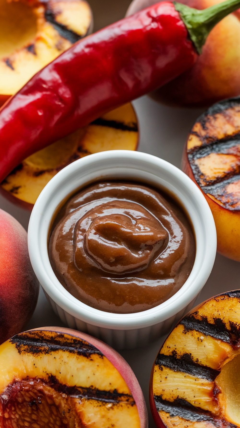 A bowl of spicy honey chipotle glaze surrounded by grilled peaches and a red chili pepper.