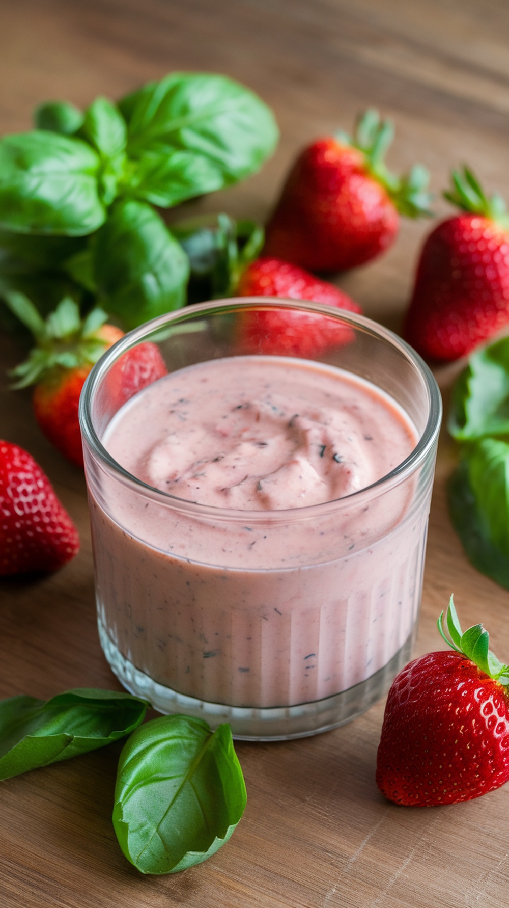 A creamy strawberry-basil dressing in a glass bowl, surrounded by fresh strawberries and basil leaves.
