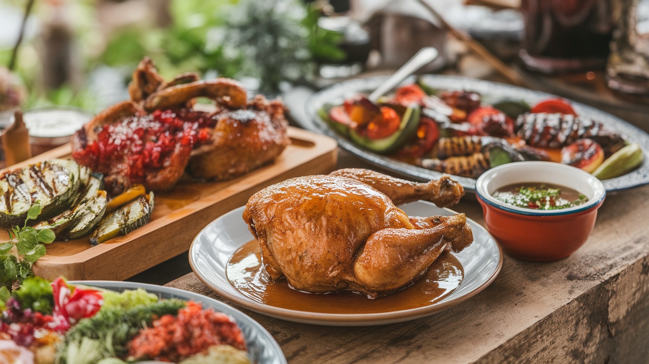 A delicious display of grilled chicken and vegetables, showcasing sweet and savory sauce flavors.