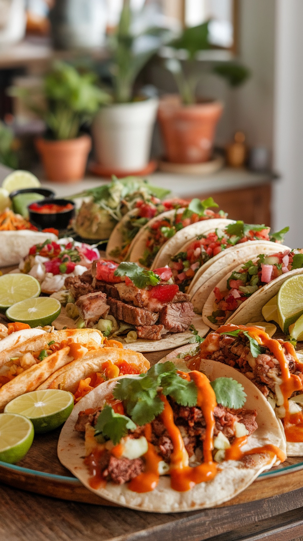 A colorful spread of various tacos, featuring fish, beef, and veggie options, garnished with lime and cilantro.