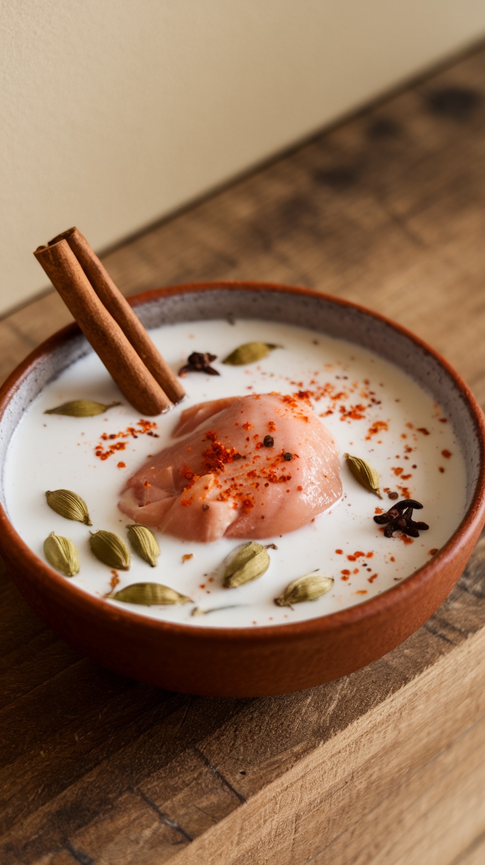 Bowl of tandoori spiced yogurt sauce with spices and a cinnamon stick