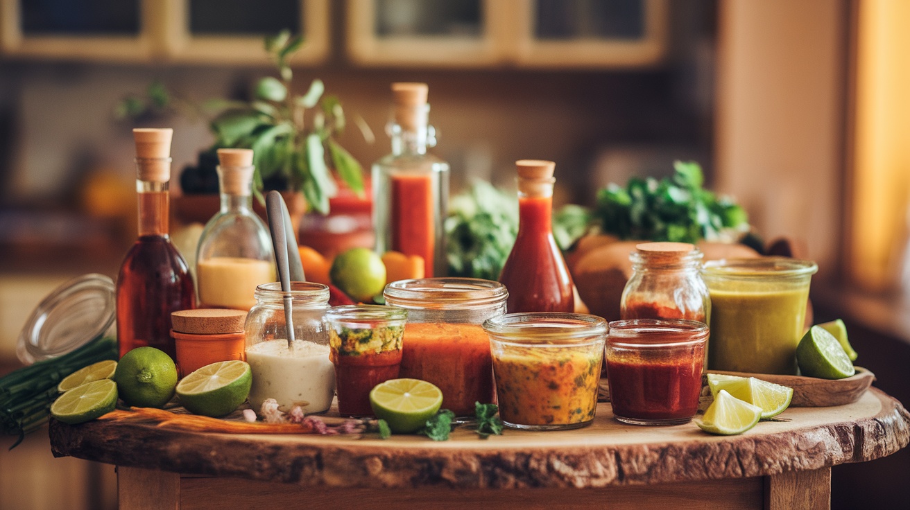 An assortment of sauces in jars with fresh ingredients and limes on a wooden table.