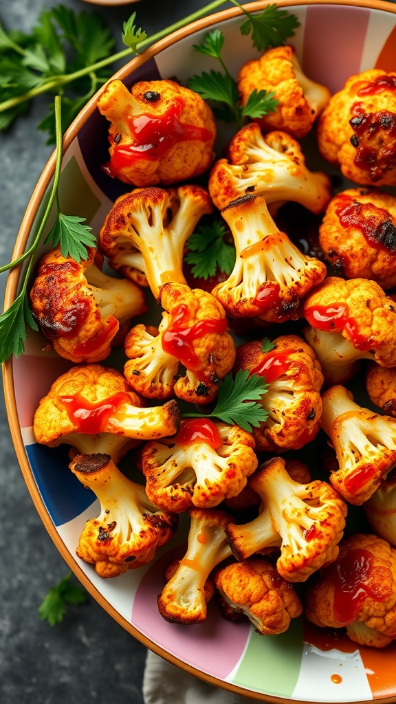 A colorful plate of roasted cauliflower drizzled with hot sauce and garnished with parsley.