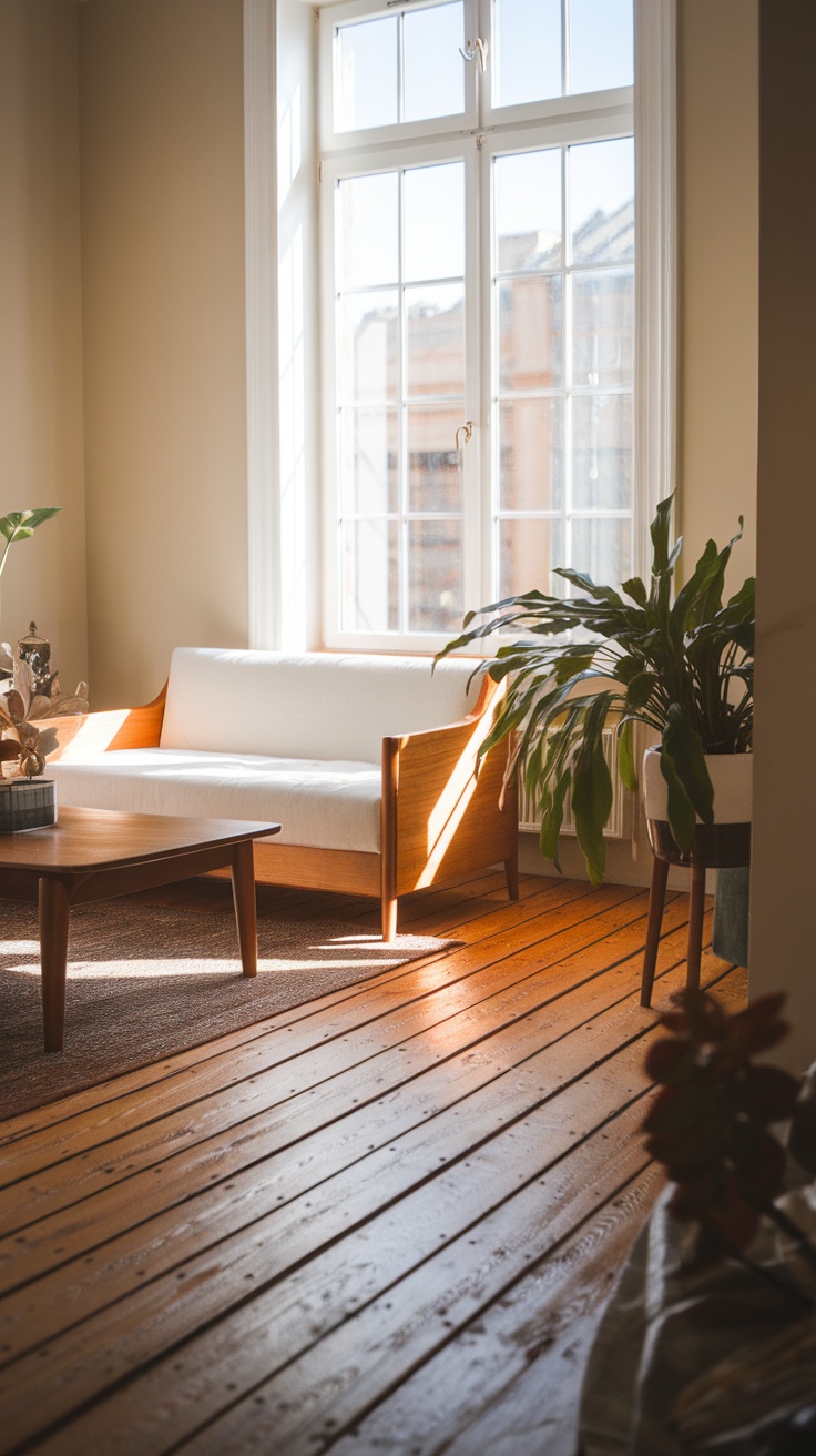 A bright living room with textured wooden flooring and a cozy sofa.