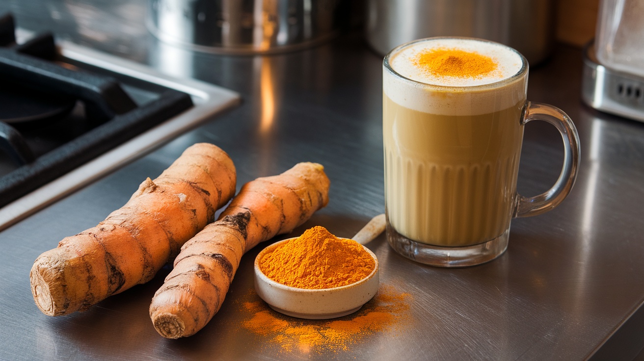 A close-up of fresh turmeric roots and turmeric powder beside a drink topped with turmeric powder.