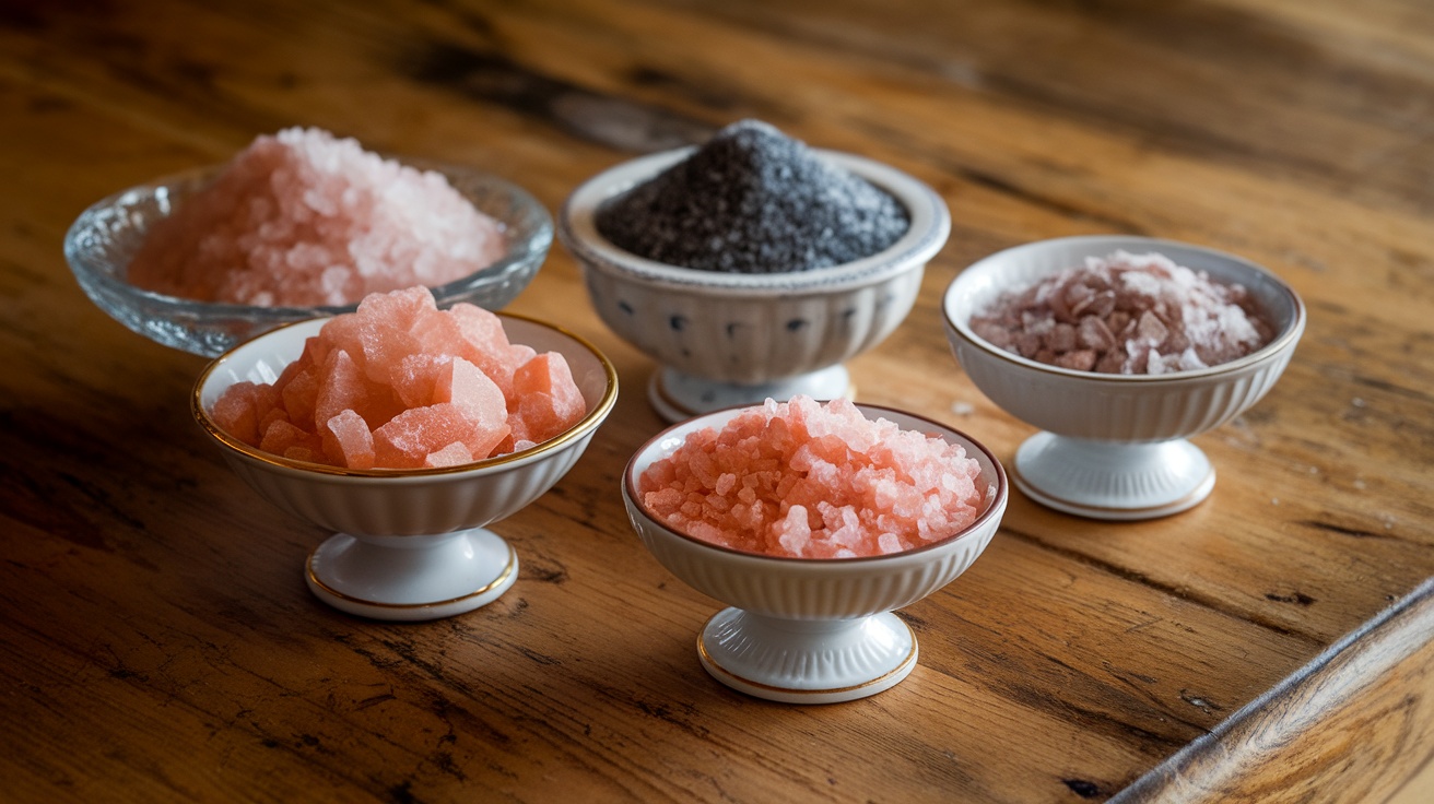 Various types of salt displayed in decorative bowls on a wooden table.