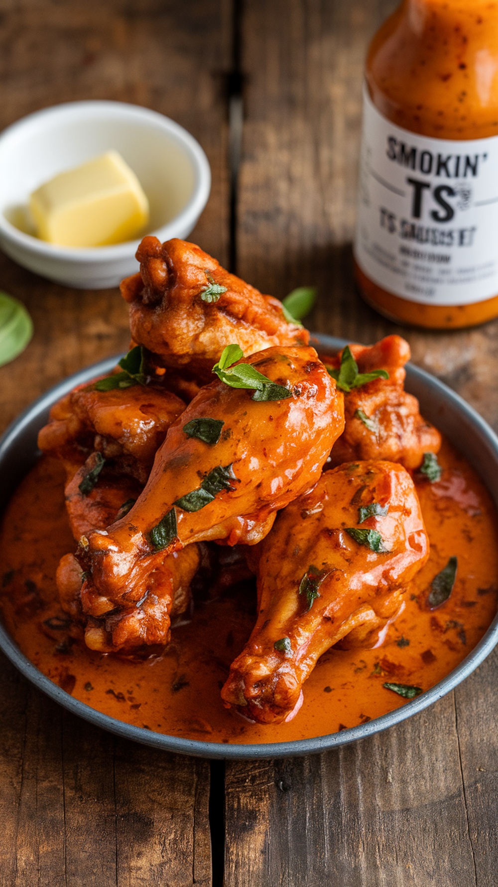 A plate of chicken wings coated in a spicy sauce with a side of melted butter.