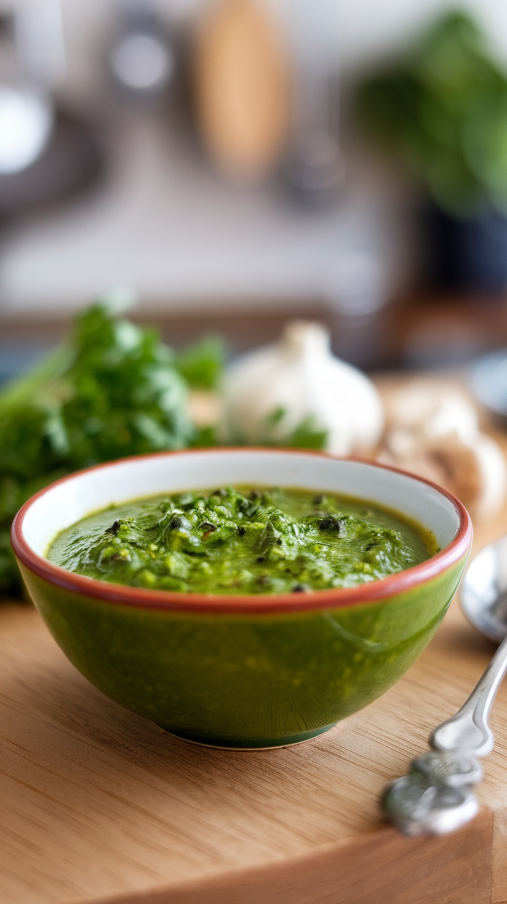 A bowl of green chimichurri sauce with fresh parsley and garlic in the background.
