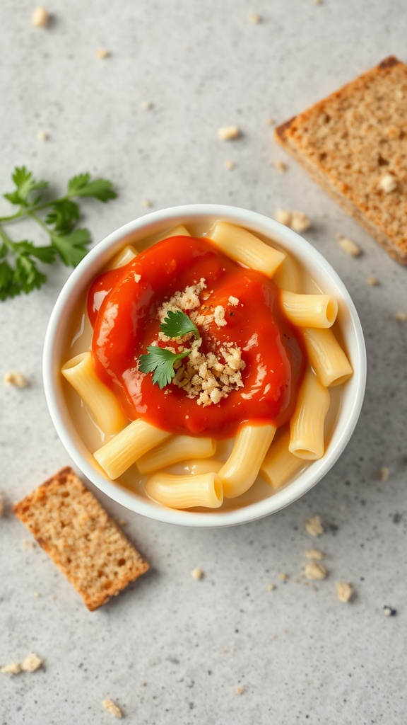 Bowl of mac and cheese topped with hot sauce and crushed crackers