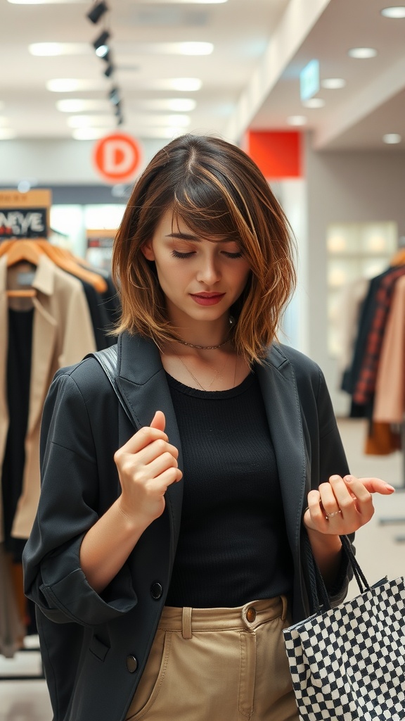 Woman sporting asymmetrical bangs with layered hair, dressed in a black top and blazer, holding a stylish bag.