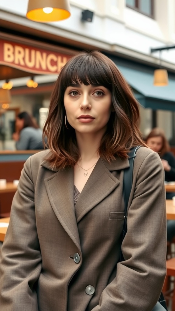 A woman with blunt bangs and a textured lob hairstyle, wearing a stylish brown blazer.