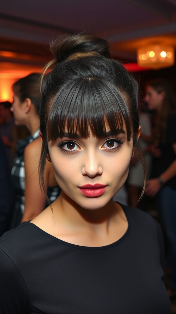 A woman with bold bangs styled in a half-up half-down hairstyle, wearing a black top.