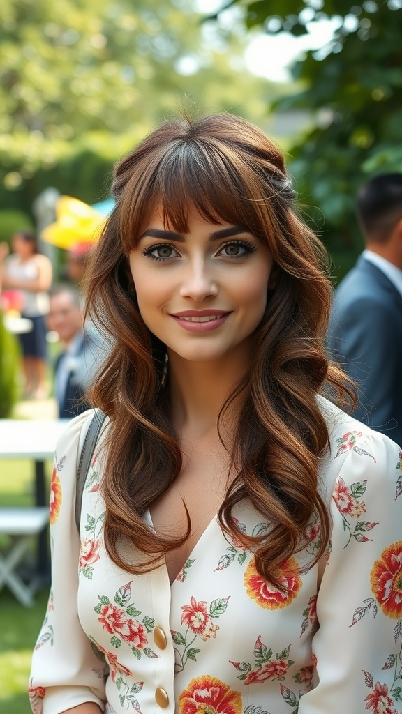 A woman with bouncy bangs and soft layers, wearing a floral-patterned outfit.